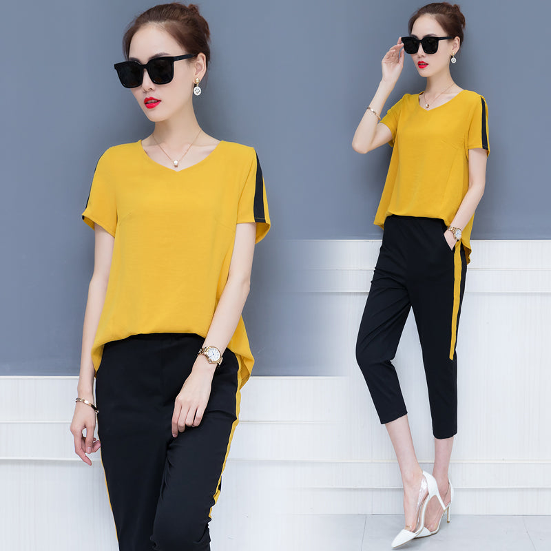 YICIYA Plus Size Large 2 Piece Set Outfit Tracksuit Sportswear Co-ord Set for Women Clothing 2019 Summer Yellow Top and Pants