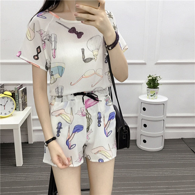 Chiffon letter print short-sleeved shorts casual two-piece 2019 new summer T-shirt suit fashion elegant women's clothing