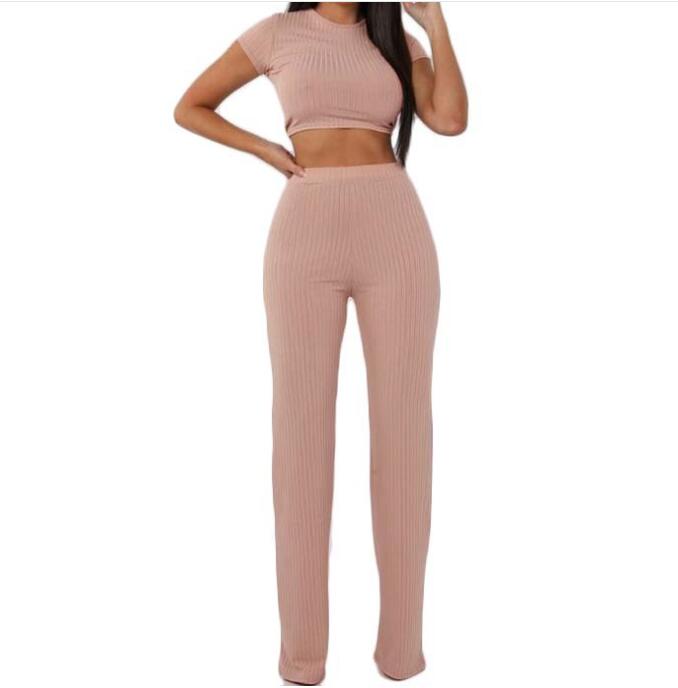 Women knitted Short sleeve O-neck crop top wide leg pants 2 piece set for Female Women Casual sexy Long Pants Tshit Suits