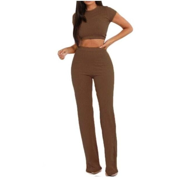 Women knitted Short sleeve O-neck crop top wide leg pants 2 piece set for Female Women Casual sexy Long Pants Tshit Suits