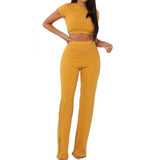 Women knitted Short sleeve O-neck crop top wide leg pants 2 piece set for Female Women Casual sexy Long Pants Tshit Suits