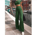 Women knitted Short sleeve O-neck crop top wide leg pants 2 piece set for Female Women Casual sexy Long Pants Tshit Suits