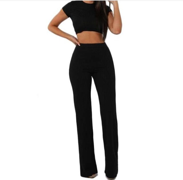 Women knitted Short sleeve O-neck crop top wide leg pants 2 piece set for Female Women Casual sexy Long Pants Tshit Suits