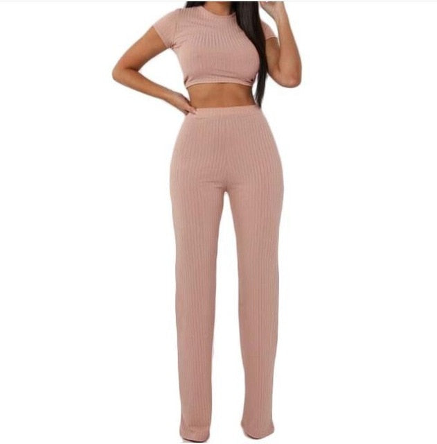 Women knitted Short sleeve O-neck crop top wide leg pants 2 piece set for Female Women Casual sexy Long Pants Tshit Suits