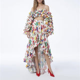CHICEVER Summer Vintage Print Ruffles Women Two Piece Suit Slash Neck Puff Sleeve Short Top With High Waist Irregular Skirt New
