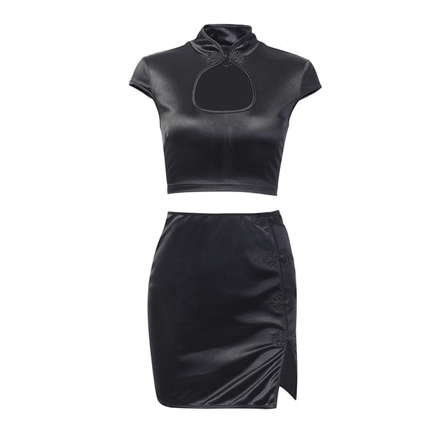Summer Women Short Skirt Crop Top 2 Piece Set Bodycon Slim Black Two Piece Sets Hollow Out Chinese Neck Vintage Black Female Set