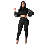 Summer Outfits for Women Two Piece Set Top and Pants 2019 Sets Women Zipper Up Lace Hollow Out Perspective Mesh Lantern Sleeve