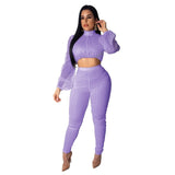 Summer Outfits for Women Two Piece Set Top and Pants 2019 Sets Women Zipper Up Lace Hollow Out Perspective Mesh Lantern Sleeve