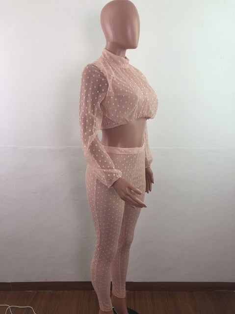 Summer Outfits for Women Two Piece Set Top and Pants 2019 Sets Women Zipper Up Lace Hollow Out Perspective Mesh Lantern Sleeve