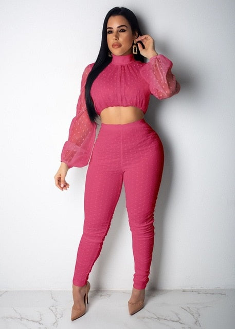 Summer Outfits for Women Two Piece Set Top and Pants 2019 Sets Women Zipper Up Lace Hollow Out Perspective Mesh Lantern Sleeve