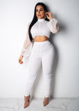 Summer Outfits for Women Two Piece Set Top and Pants 2019 Sets Women Zipper Up Lace Hollow Out Perspective Mesh Lantern Sleeve