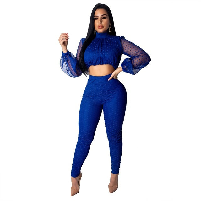 Summer Outfits for Women Two Piece Set Top and Pants 2019 Sets Women Zipper Up Lace Hollow Out Perspective Mesh Lantern Sleeve