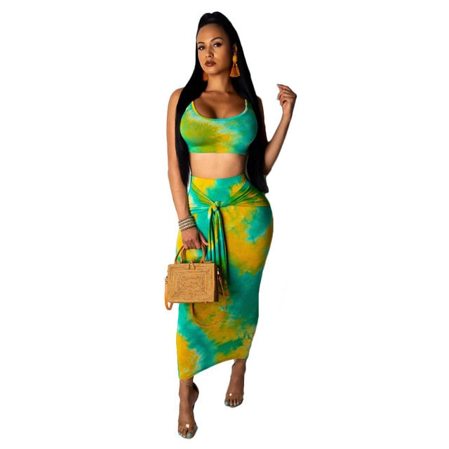 Tie Dye Sexy Two Piece Bandage Dress Summer Clothes For Women Scoop Neck Sleeveless  Party Dress High Waist Beach Bodycon Dress