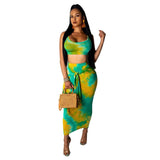Tie Dye Sexy Two Piece Bandage Dress Summer Clothes For Women Scoop Neck Sleeveless  Party Dress High Waist Beach Bodycon Dress