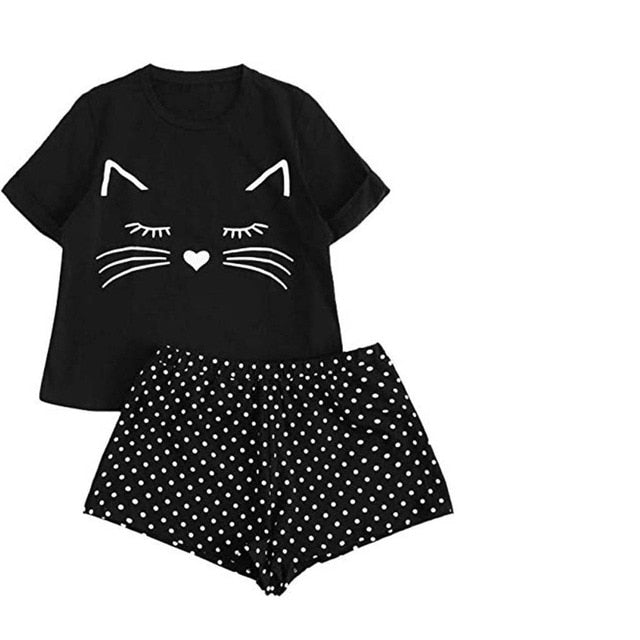 Polka Dot Cat Print kawaii Set Short Sleeve Round Collar Elastic Waist High Waist Wide Leg Fashion Loose Casual Sports Sets X8