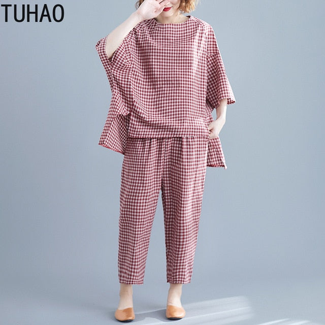 TUHAO 2019 Sets Womens Outfits Large Size Women's Plaid Suit Summe Elastic Waist Plaid Calf-Length Pants Two Piece Suit LZ273