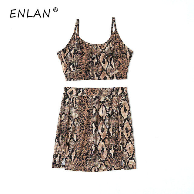 2019 New Style Fashion Snake Print Strapless Spaghetti Strap Crop Tops Package Hip Mini Skirt Casual Set Female